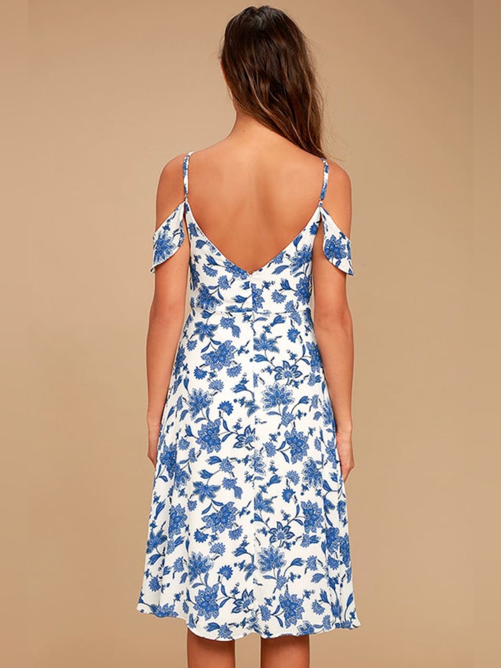 Lulus Arise Blue White Floral Cold Shoulder Midi Dress Wedding Guest M - Picture 6 of 17